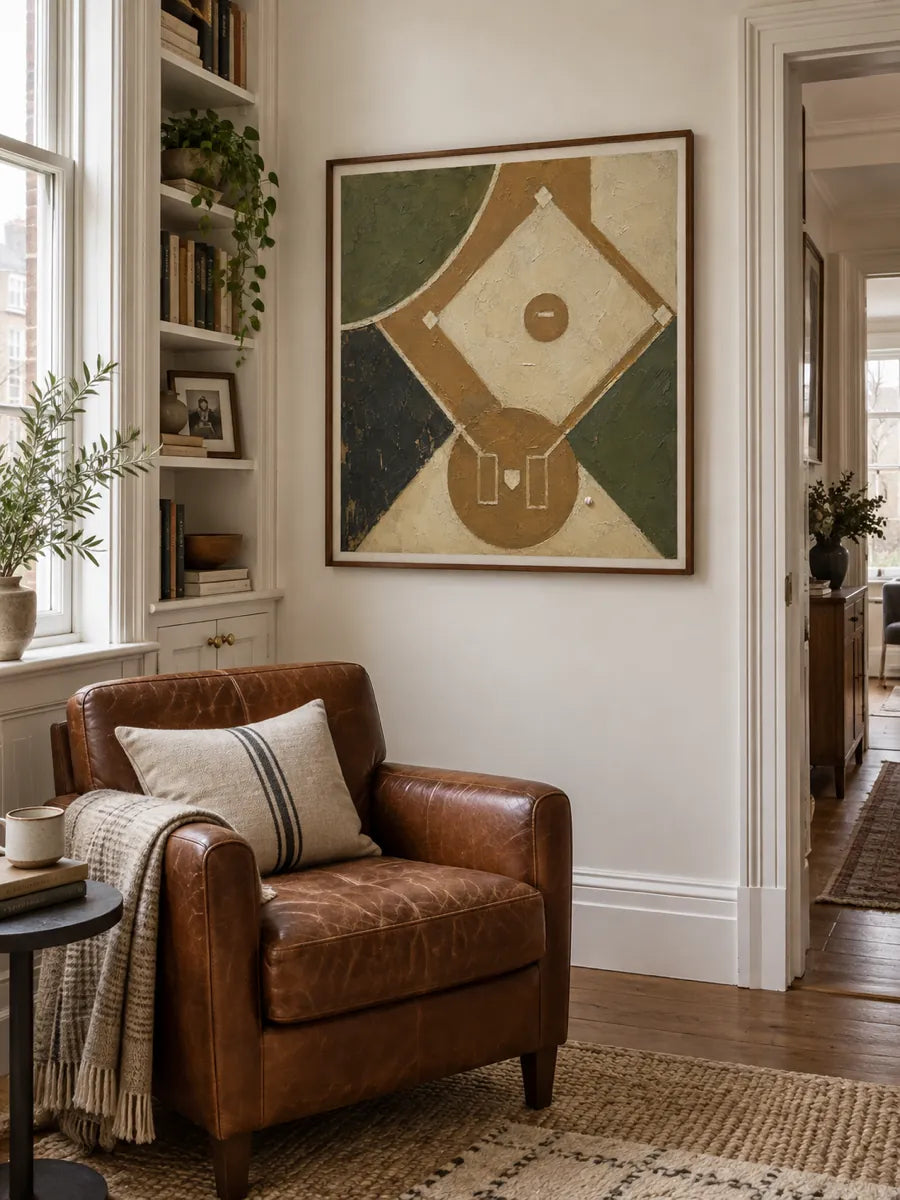 Baseball Diamond Geometric Canvas Painting Hand-Painted Wall Art In Earth Tones