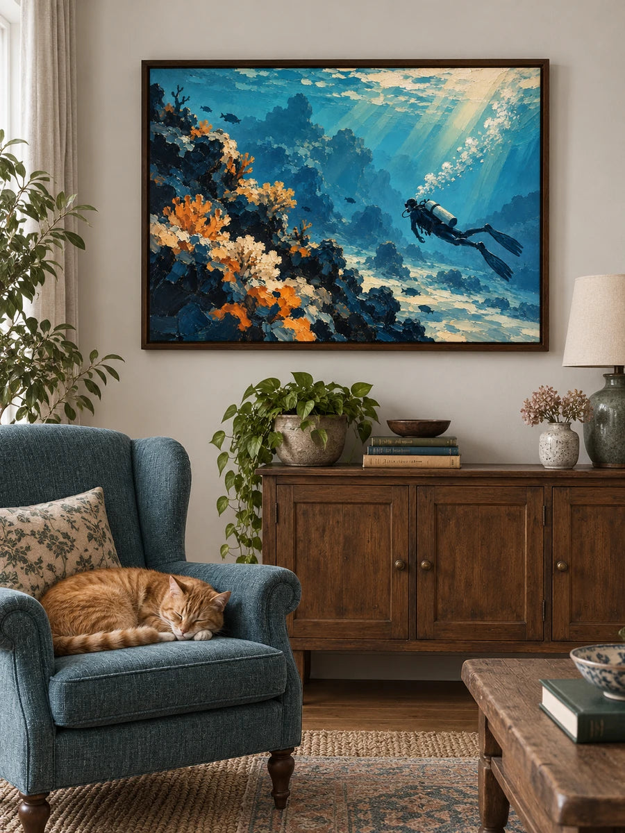 Scuba Diver And Coral Reef Impressionist Canvas Painting In Blue And Orange
