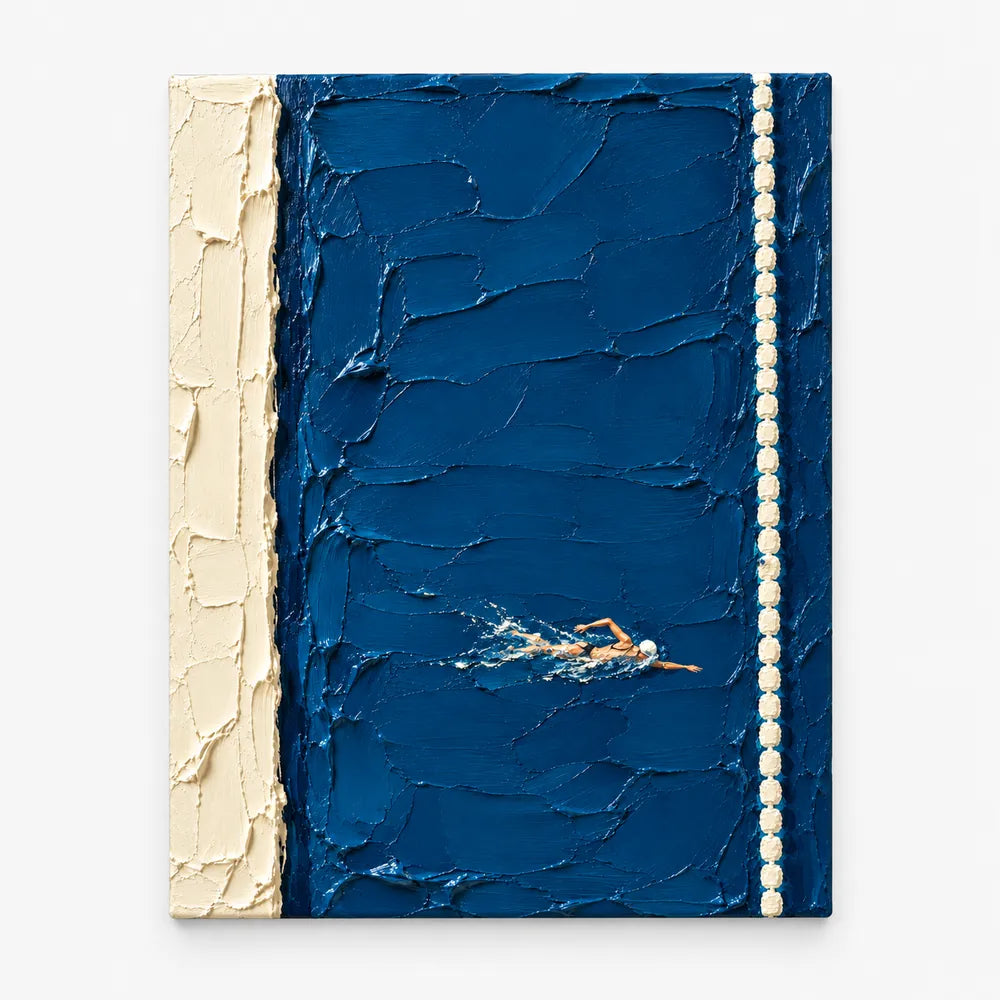 Hand-Painted Swimming Art With Heavy Impasto Texture On Blue Canvas