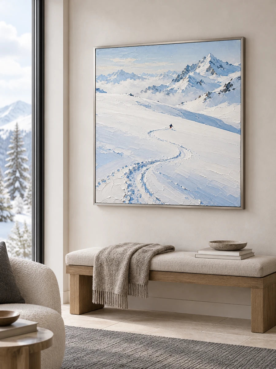 Hand-Painted Skiing Art Canvas Painting White Mountain Landscape Original Wall Art