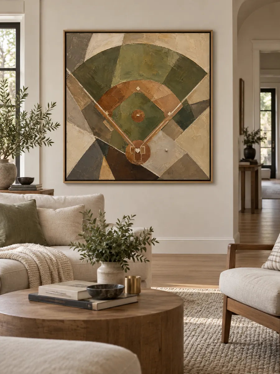 Abstract Baseball Diamond Canvas Painting In Earthy Green And Brown Tones For Modern Sports Decor