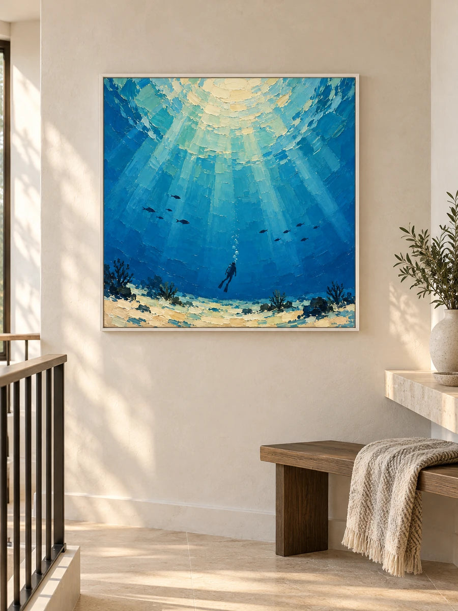 Hand-Painted Scuba Diver Canvas Art With Sunlit Ocean Waves