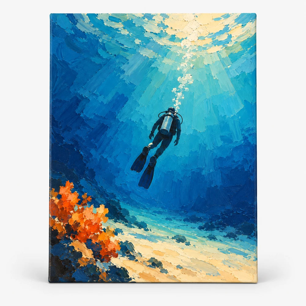 Hand-Painted Scuba Diver Canvas Painting Blue Ocean Impressionist Wall Art