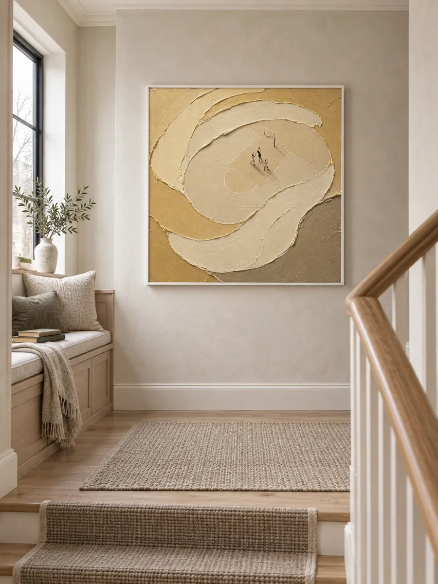 Basketball Themed Textured Canvas Painting In Beige And Gold Tones For Modern Sports Decor