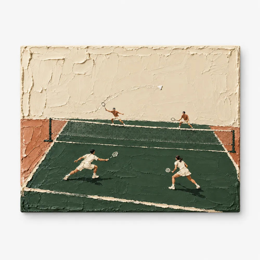 Hand-Painted Badminton Court Art With Impasto Texture In Green And Beige