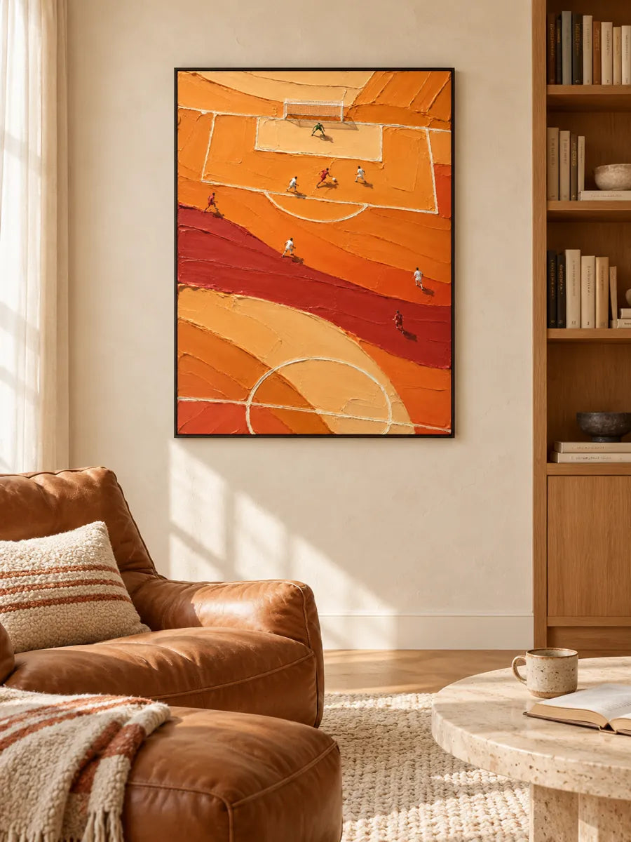 Hand-Painted Soccer Field Canvas Art With Thick Orange Impasto Texture