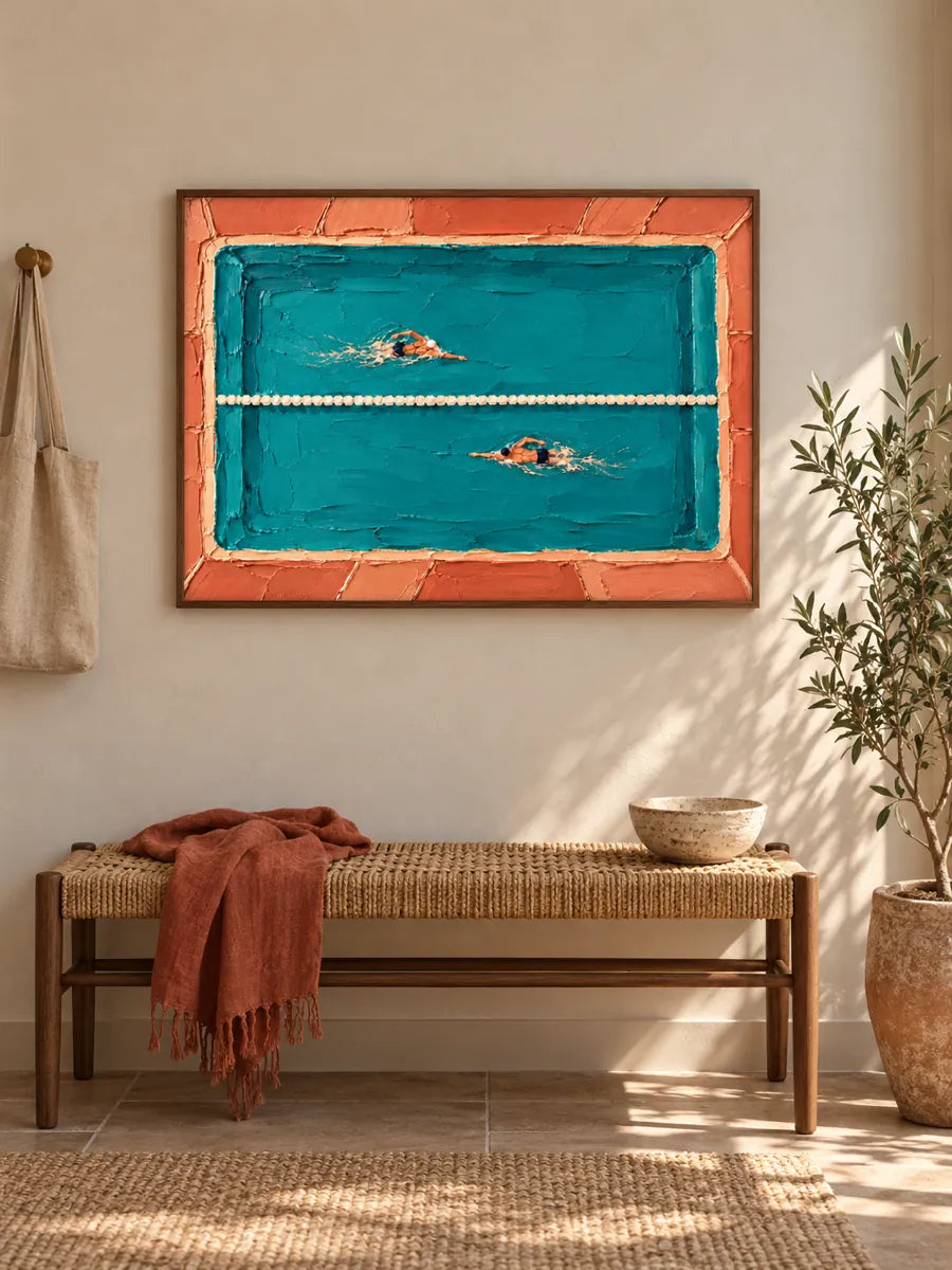 Swimming Pool Impasto Canvas Painting Hand-Painted Sport Art In Blue And Orange