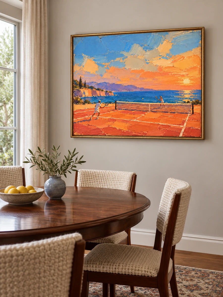 Tennis On Clay Court By The Sea Hand-Painted Canvas Art In Orange And Blue