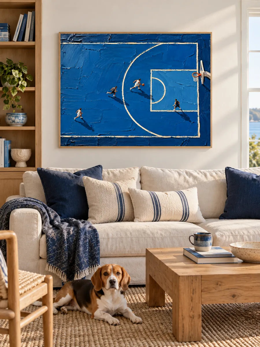 Hand-Painted Basketball Court Art With Impasto Texture And Blue Tones