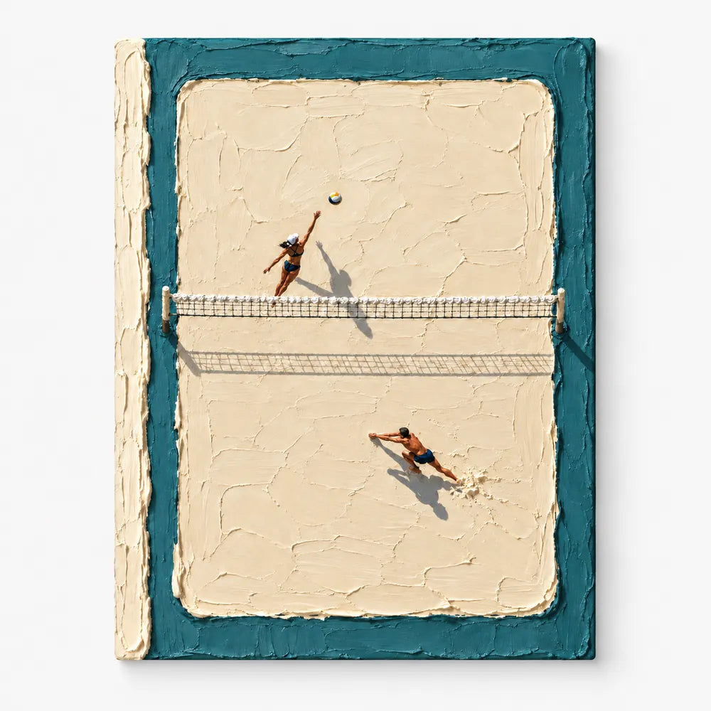 Hand-Painted Beach Volleyball Canvas Art With Thick Impasto肌理 In Blue And Beige