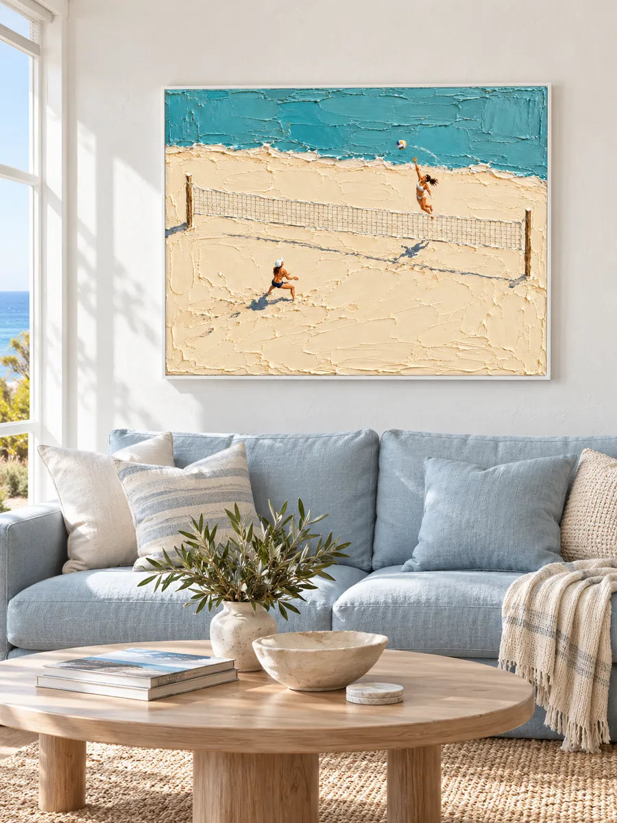 Hand-Painted Beach Volleyball Art With Thick Impasto Texture On Canvas