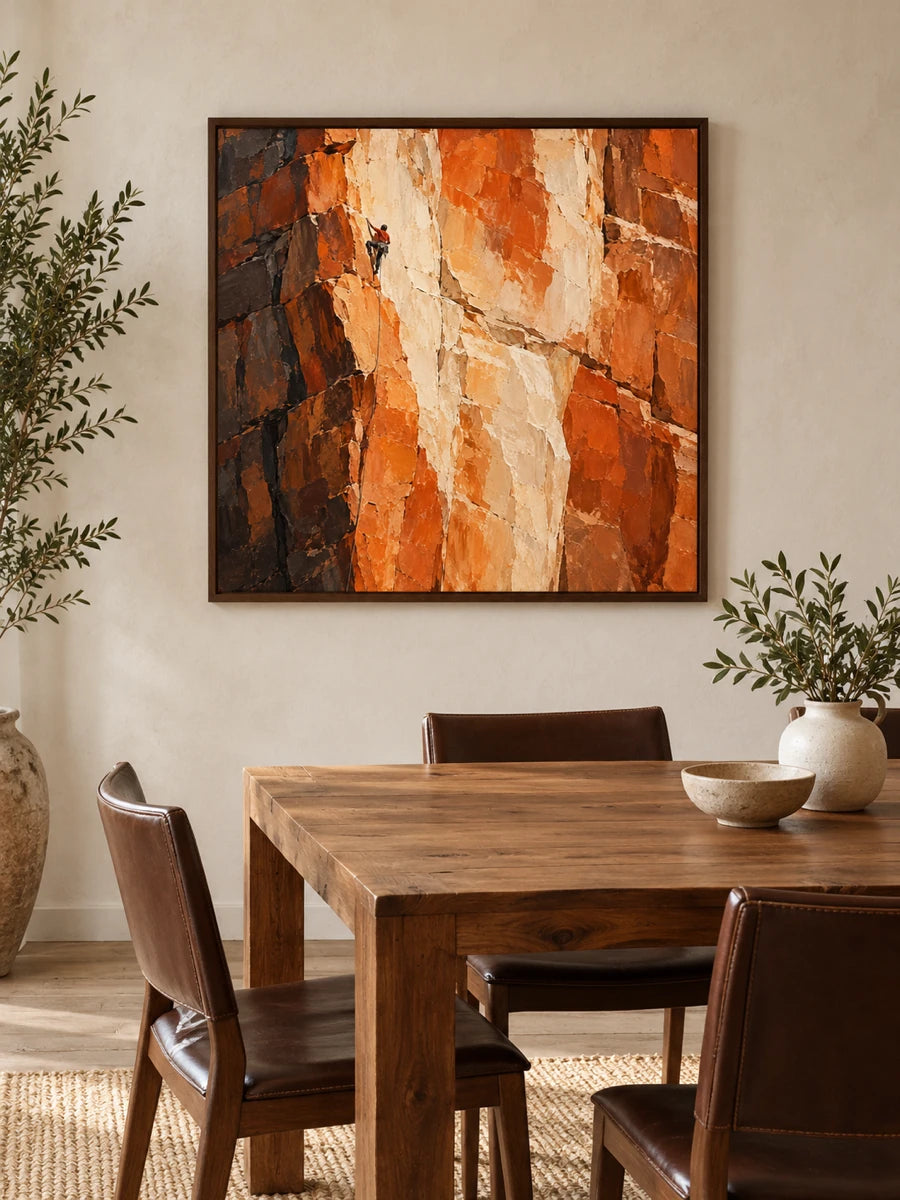 Impressionist Rock Climbing Canvas Painting With Orange Cliff