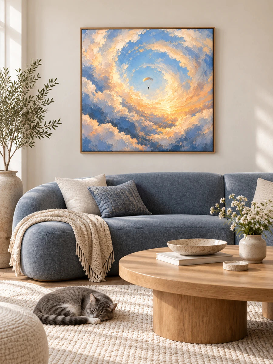 Impressionist Skydiving Canvas Painting With Swirling Blue And Gold Clouds