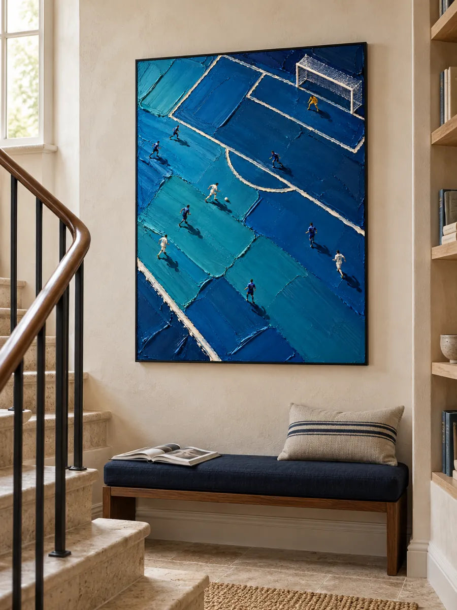 Hand-Painted Soccer Field Canvas Art With Thick Impasto Texture In Blue Tones