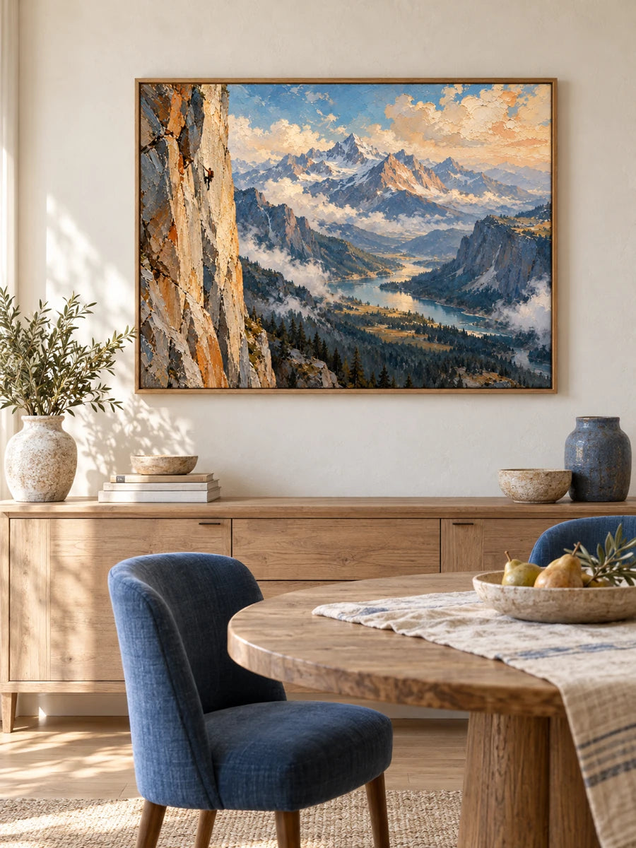 Impressionist Mountain Climbing Canvas Painting With Dramatic Cliff View
