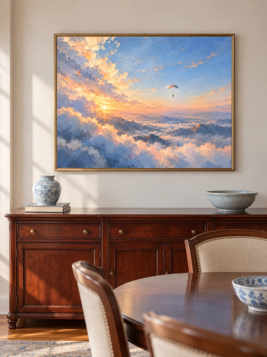 Paragliding Over Sunset Clouds Hand-Painted Canvas Art