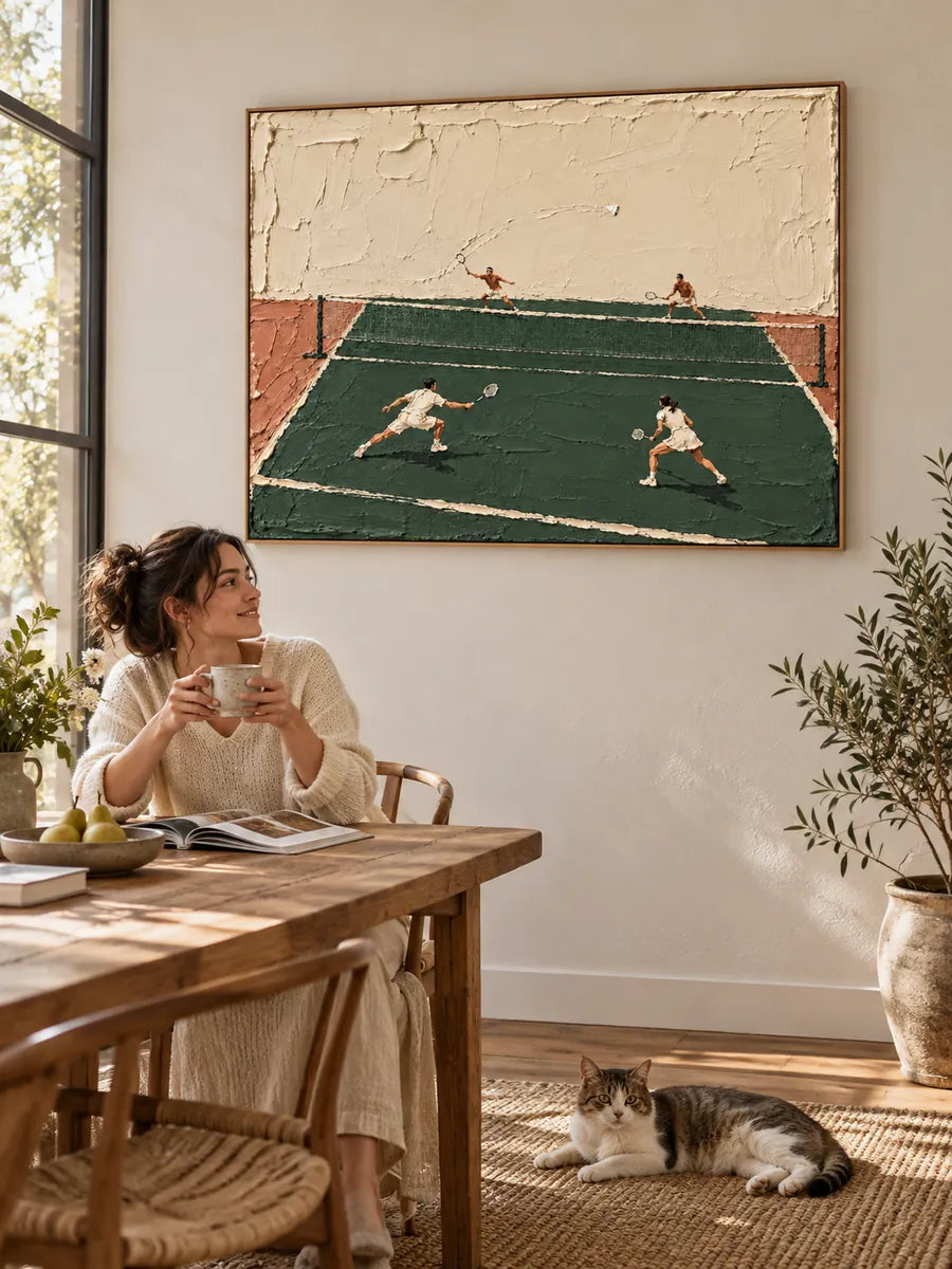 Hand-Painted Badminton Court Art With Impasto Texture In Green And Beige