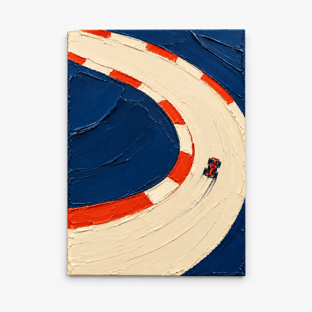 F1 Racing Car Impasto Canvas Painting With Bold Blue And Red Colors