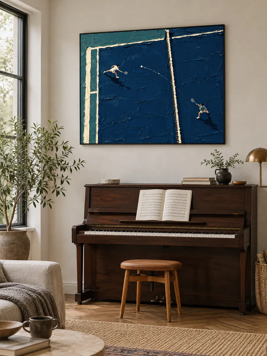 Badminton Impasto Painting Blue Court Hand-Painted Canvas Wall Art