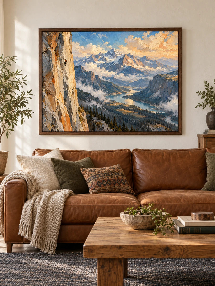 Impressionist Mountain Climbing Canvas Painting With Dramatic Cliff View