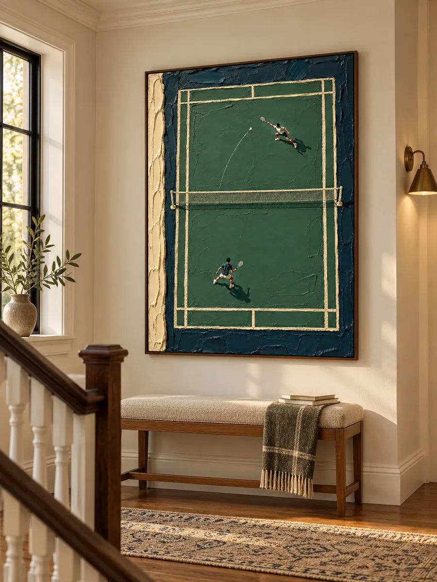 Badminton Match Impasto Canvas Painting With Green Court And Textured Strokes