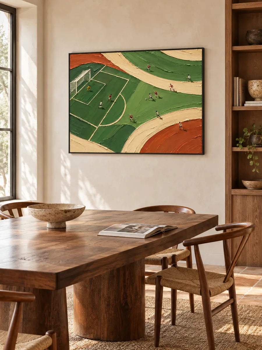 Hand-Painted Football Match Canvas Art With Green And Orange Impasto