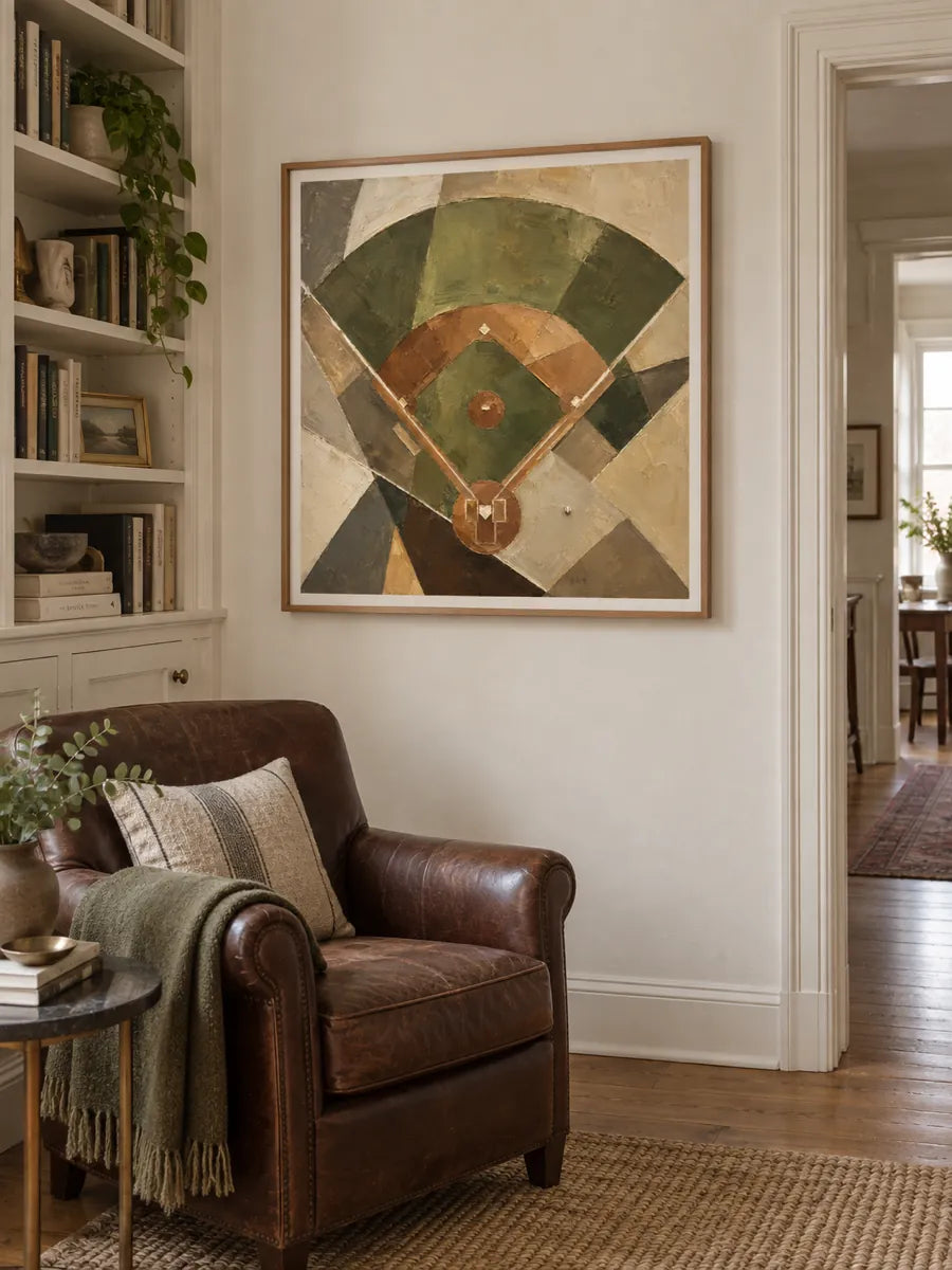 Abstract Baseball Diamond Canvas Painting In Earthy Green And Brown Tones For Modern Sports Decor