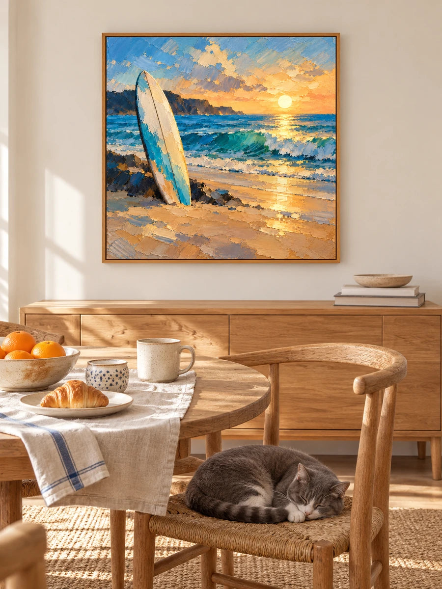 Surfboard At Sunset Impressionist Beach Canvas Painting