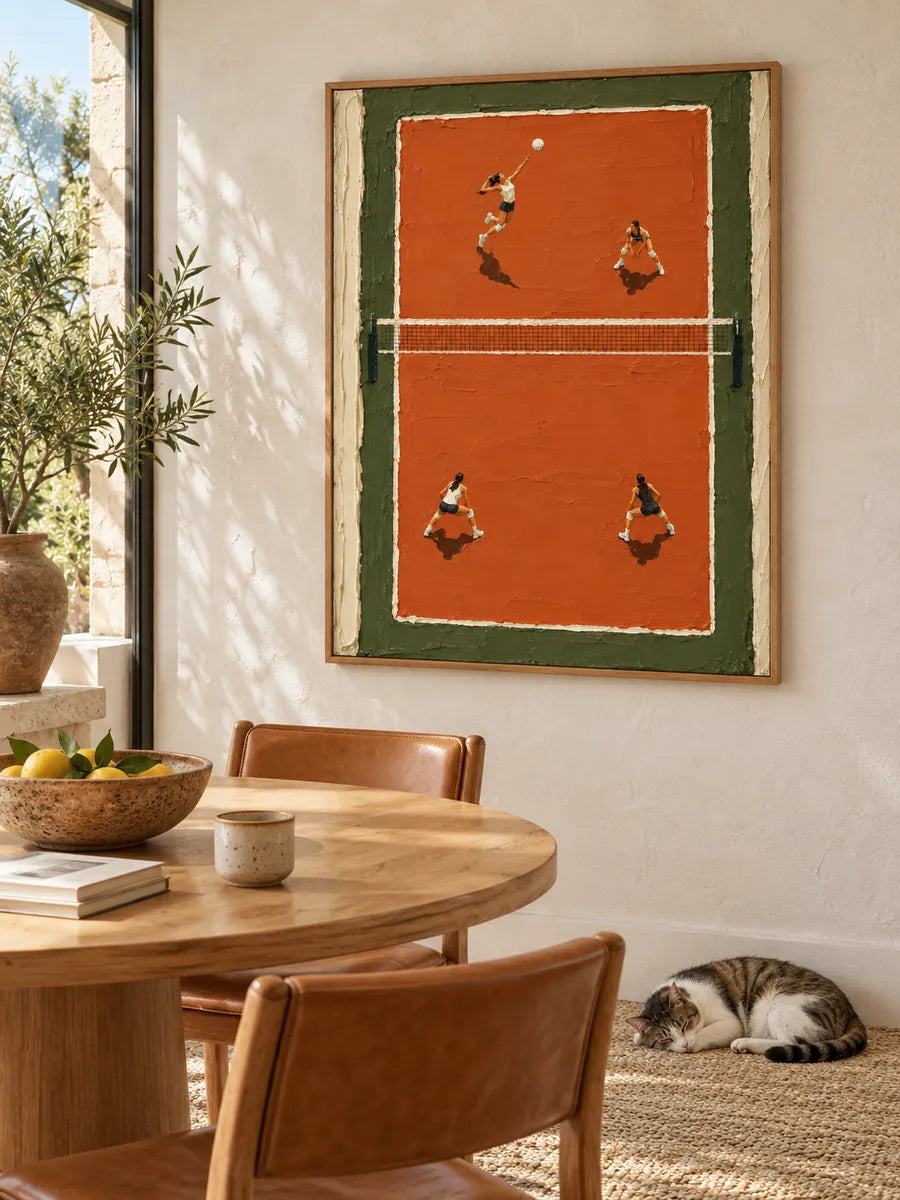 Volleyball Game Impasto Canvas Painting Orange Green Court Hand-Painted Wall Art