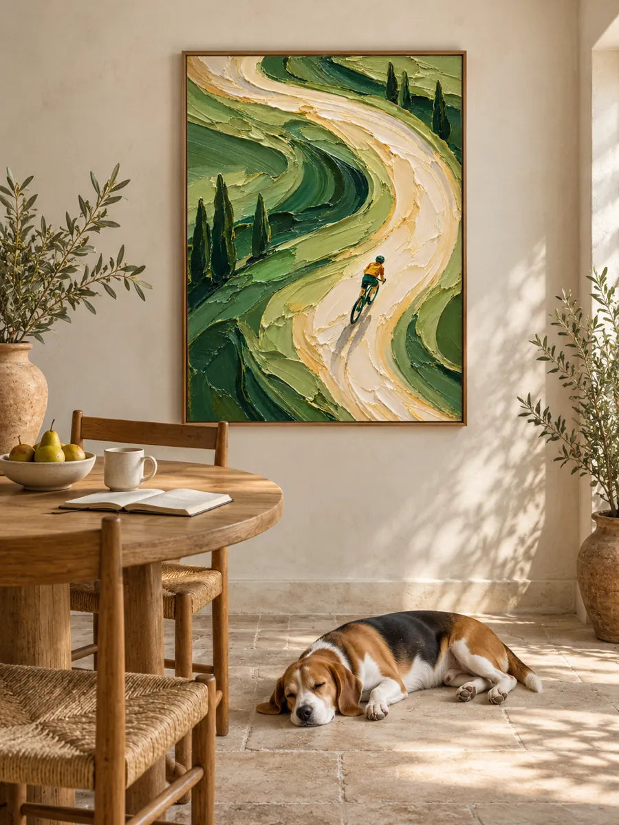 Cyclist On Winding Road Impasto Canvas Painting With Green Hills