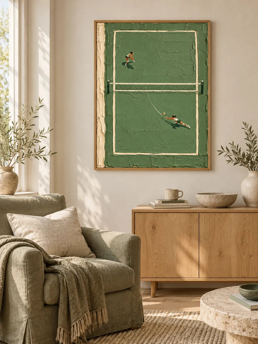 Hand-Painted Volleyball Court Art With Green Impasto Texture For Sports Fans