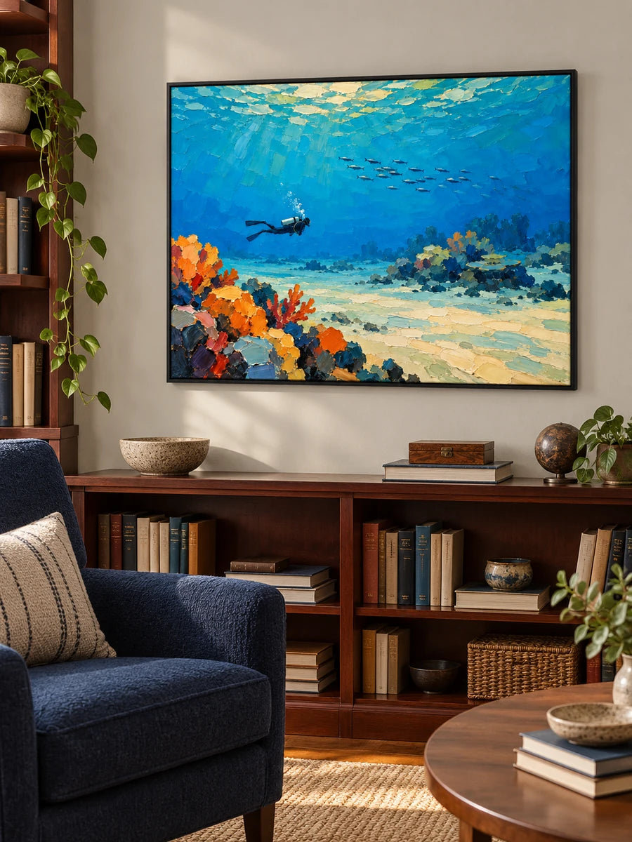 Hand-Painted Scuba Diver Canvas Art With Coral Reef And Fish School In Blue Ocean