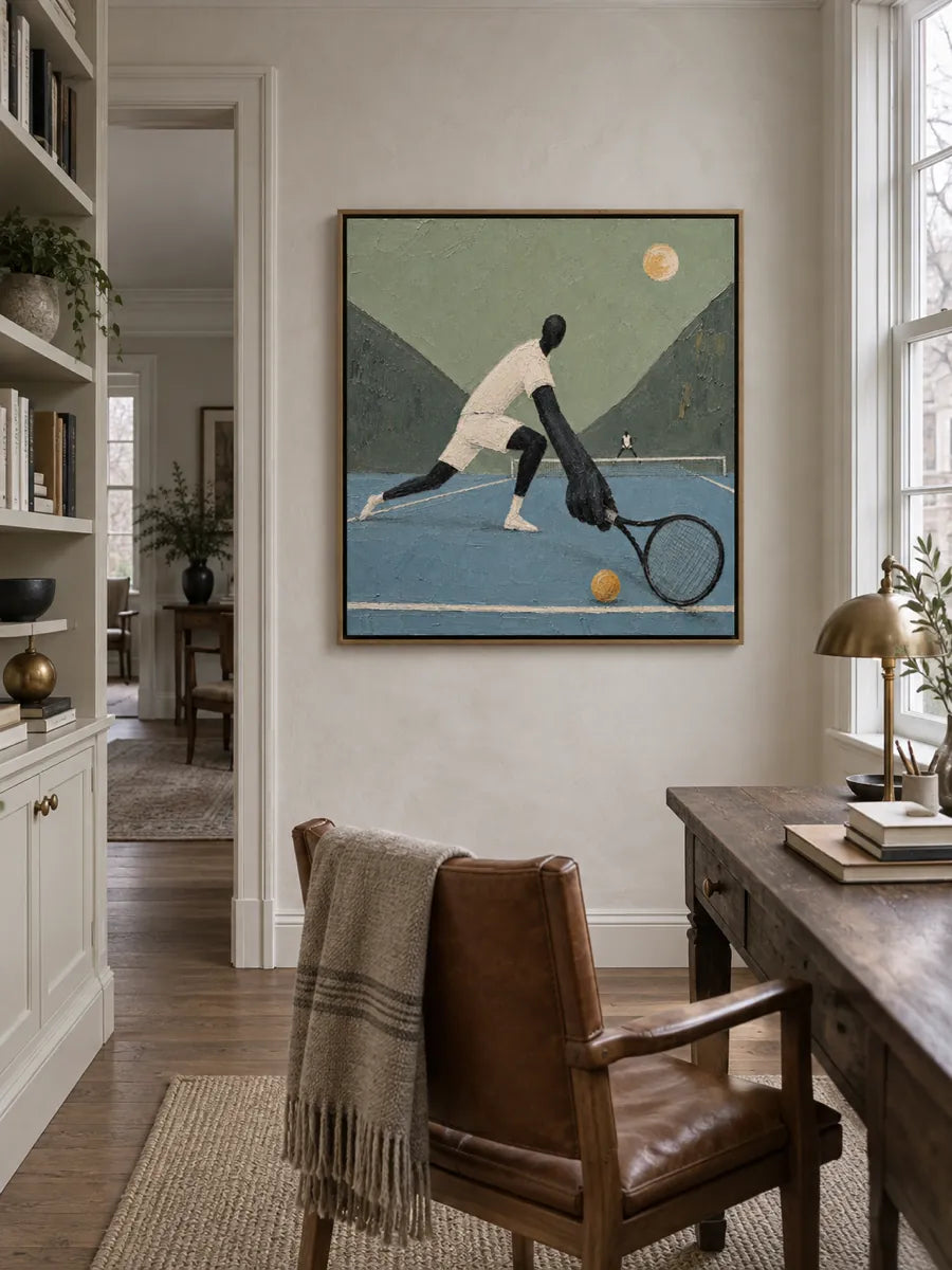 Surreal Tennis Player Canvas Painting With Giant Limbs And Textured Court