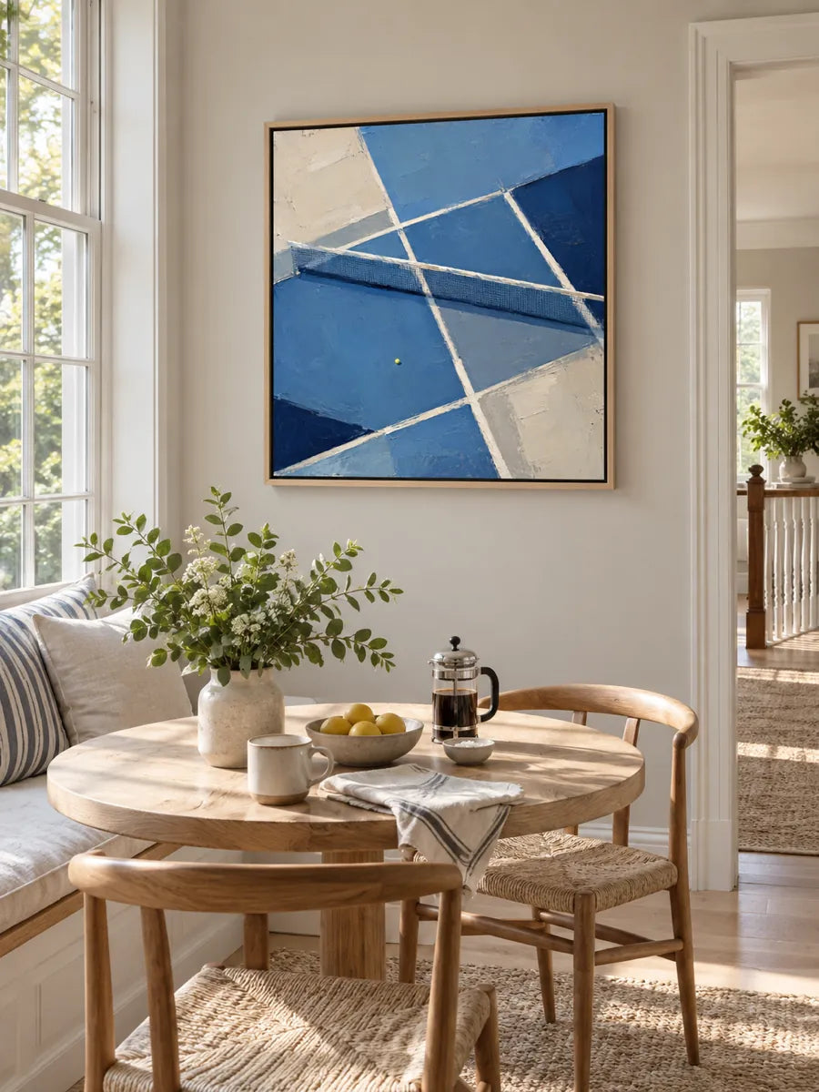 Tennis Court Abstract Painting Hand-Painted Blue Geometric Wall Art