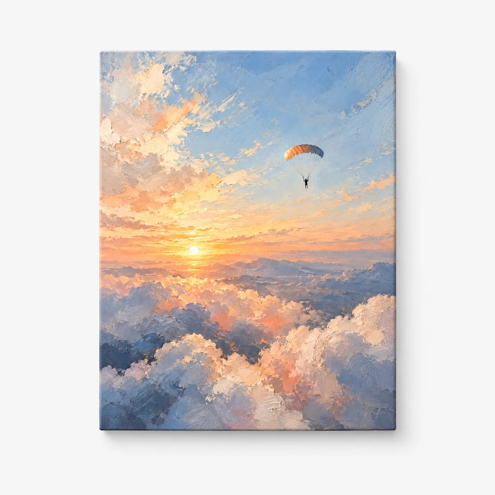 Impressionist Parachuting Canvas Painting With Sunset Sky