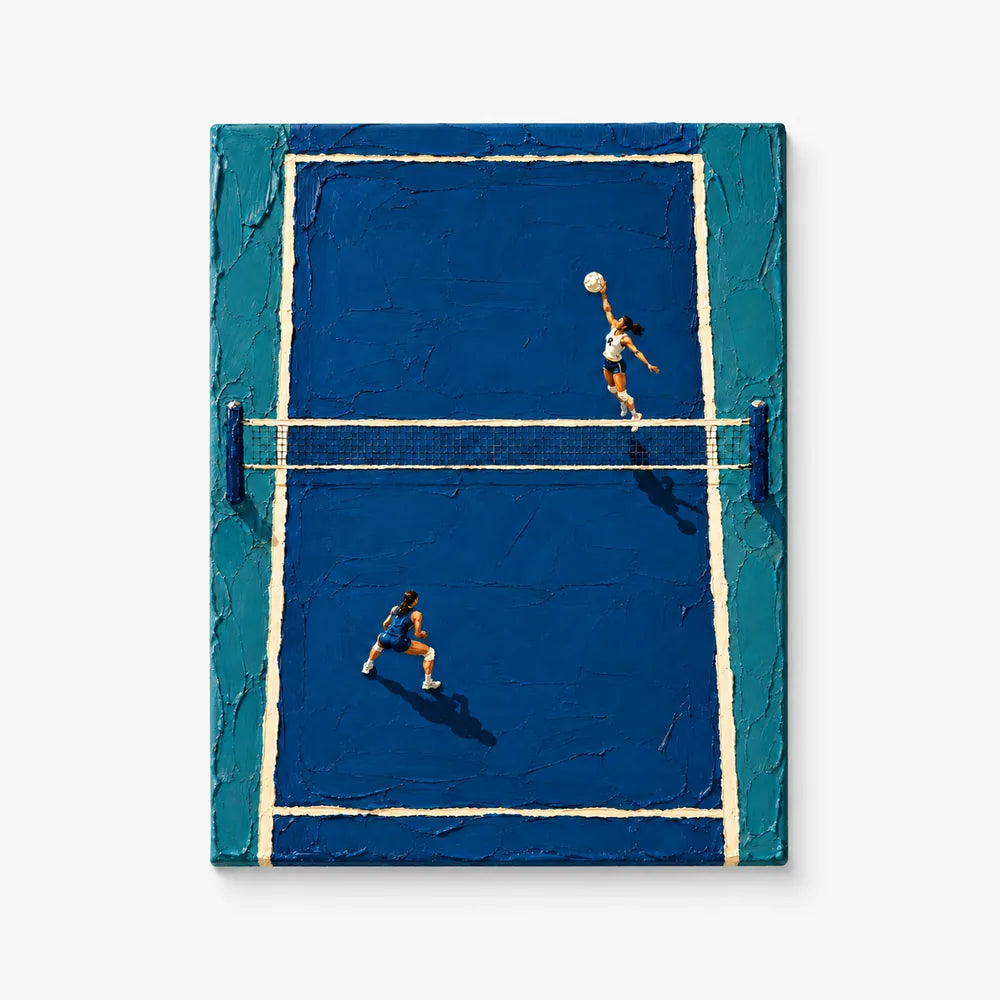 Hand-Painted Volleyball Art With Thick Impasto Blue Canvas Painting