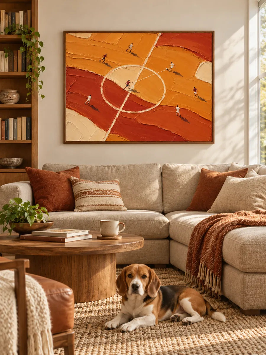 Hand-Painted Soccer Field Canvas Art With Thick Impasto Texture In Orange Tones