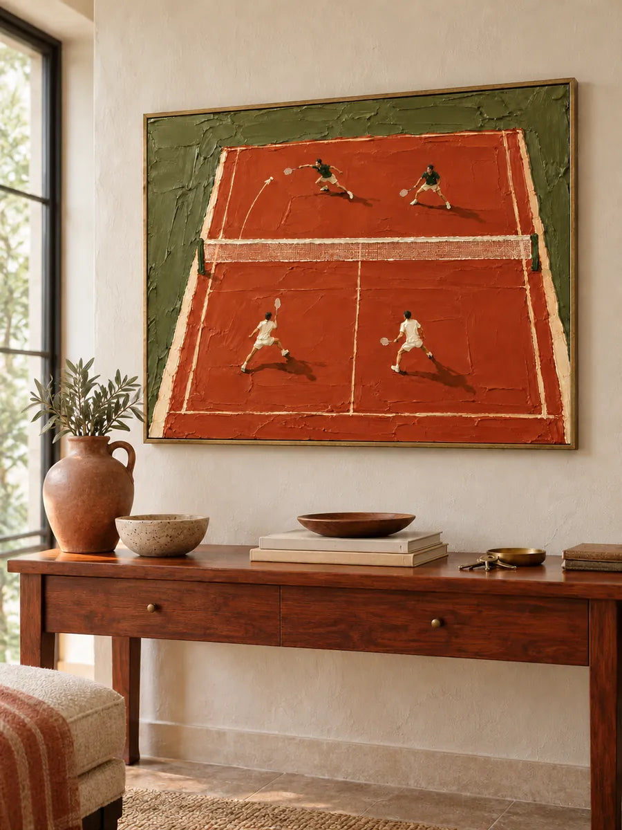 Modern Impasto Sports Painting Of Doubles Match On Clay Court
