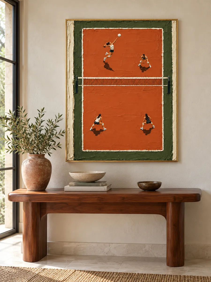 Volleyball Game Impasto Canvas Painting Orange Green Court Hand-Painted Wall Art