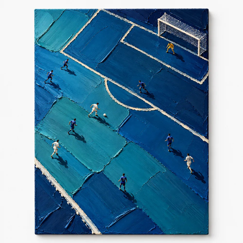 Hand-Painted Soccer Field Canvas Art With Thick Impasto Texture In Blue Tones