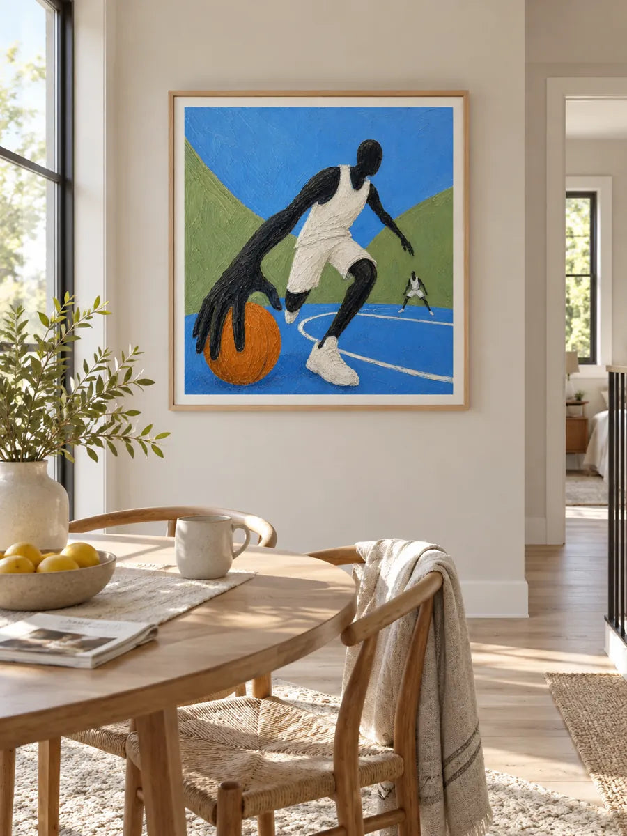 Abstract Basketball Player Canvas Painting With Giant Hand In Blue And Orange