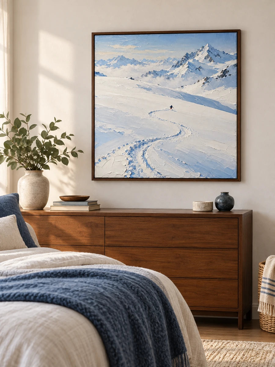 Hand-Painted Skiing Art Canvas Painting White Mountain Landscape Original Wall Art
