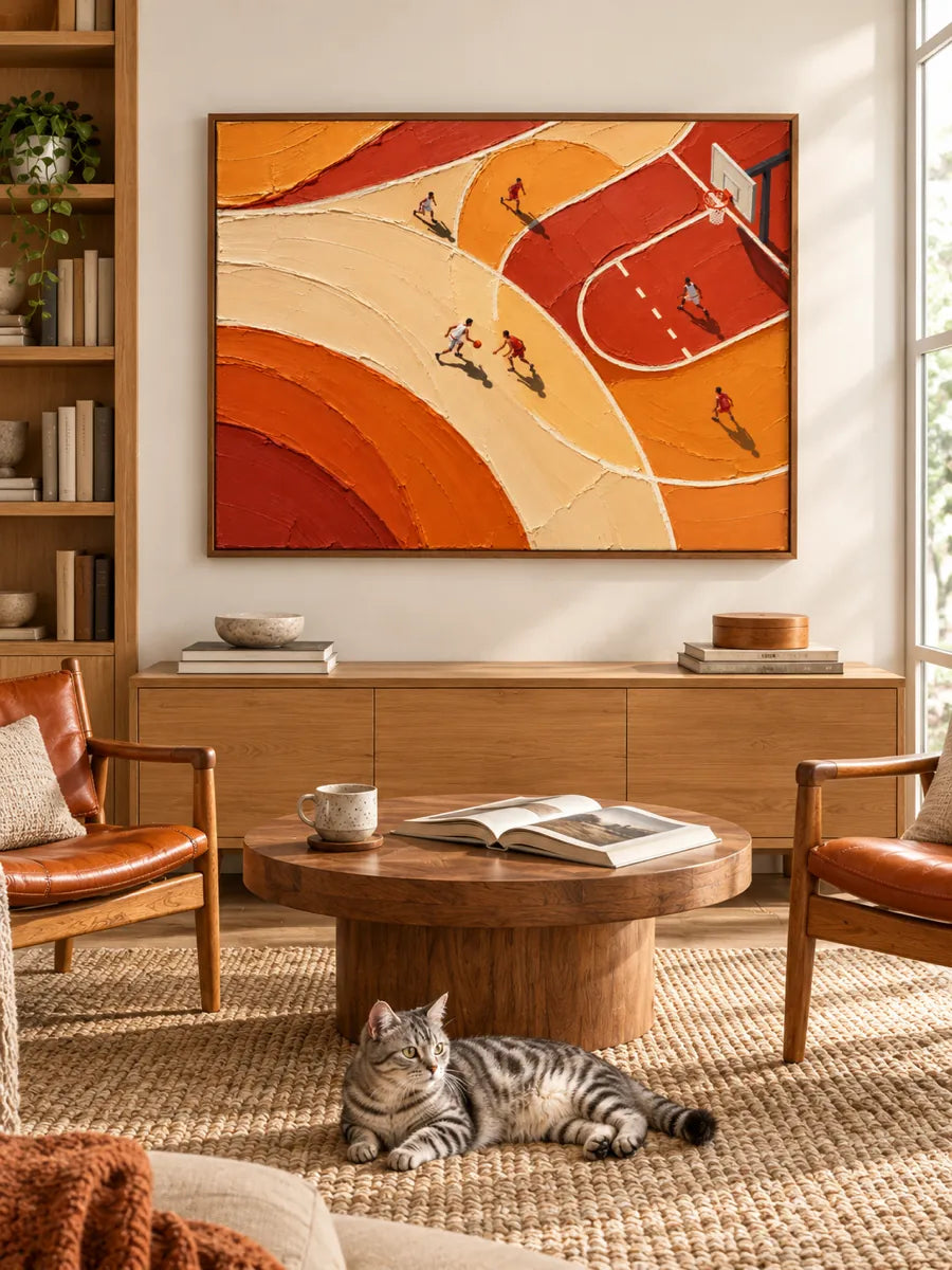 Hand-Painted Basketball Court Art With Orange Impasto Texture For Sports Fans