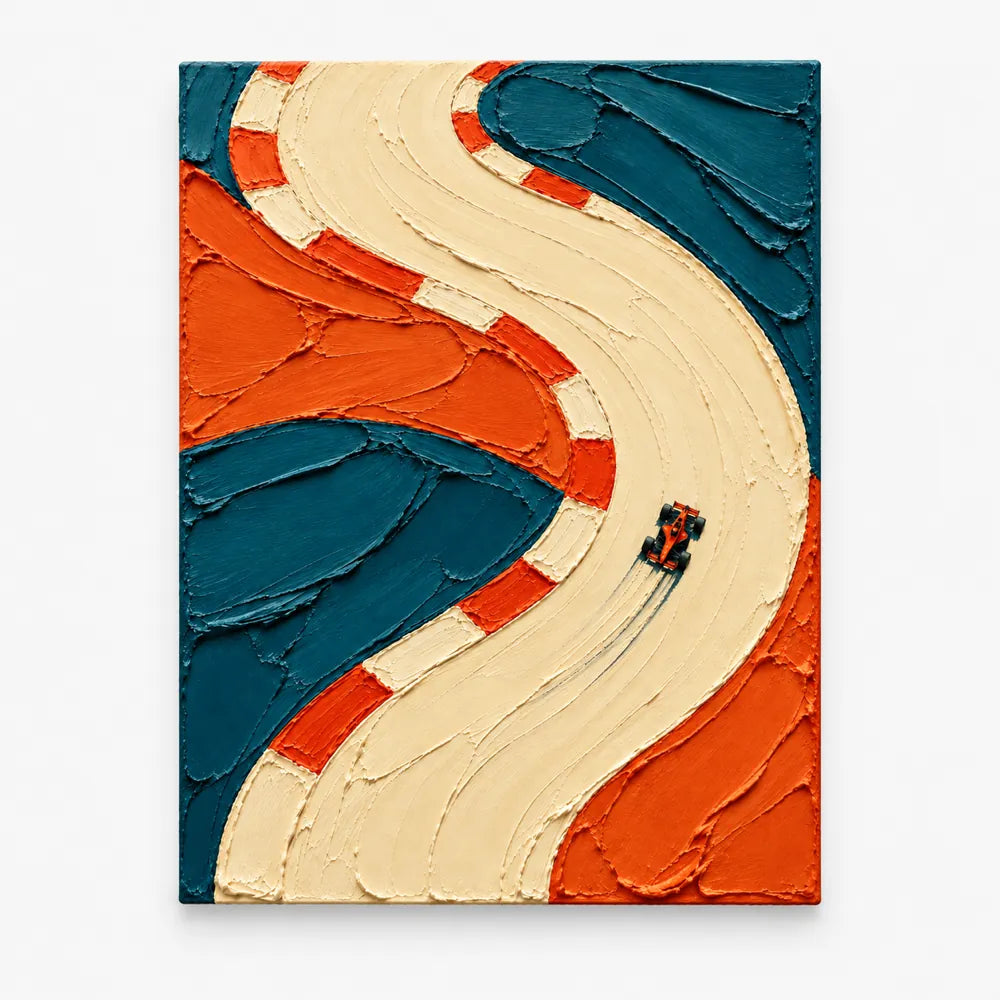 Hand-Painted F1 Racing Car Impasto Canvas Art In Orange And Teal