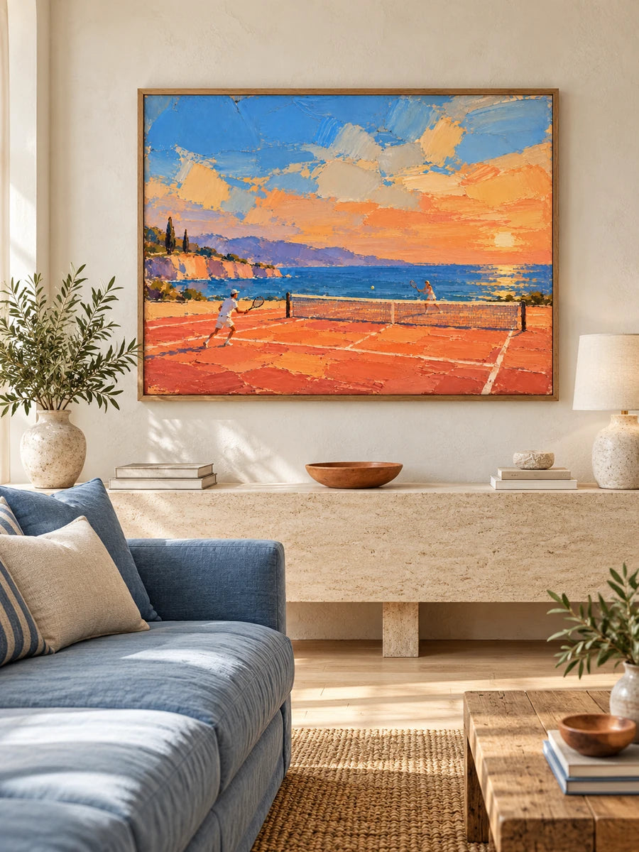 Tennis On Clay Court By The Sea Hand-Painted Canvas Art In Orange And Blue