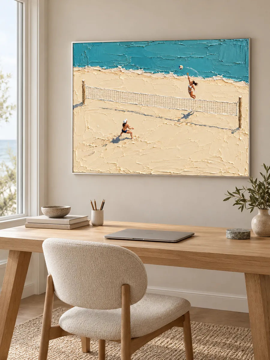 Hand-Painted Beach Volleyball Art With Thick Impasto Texture On Canvas