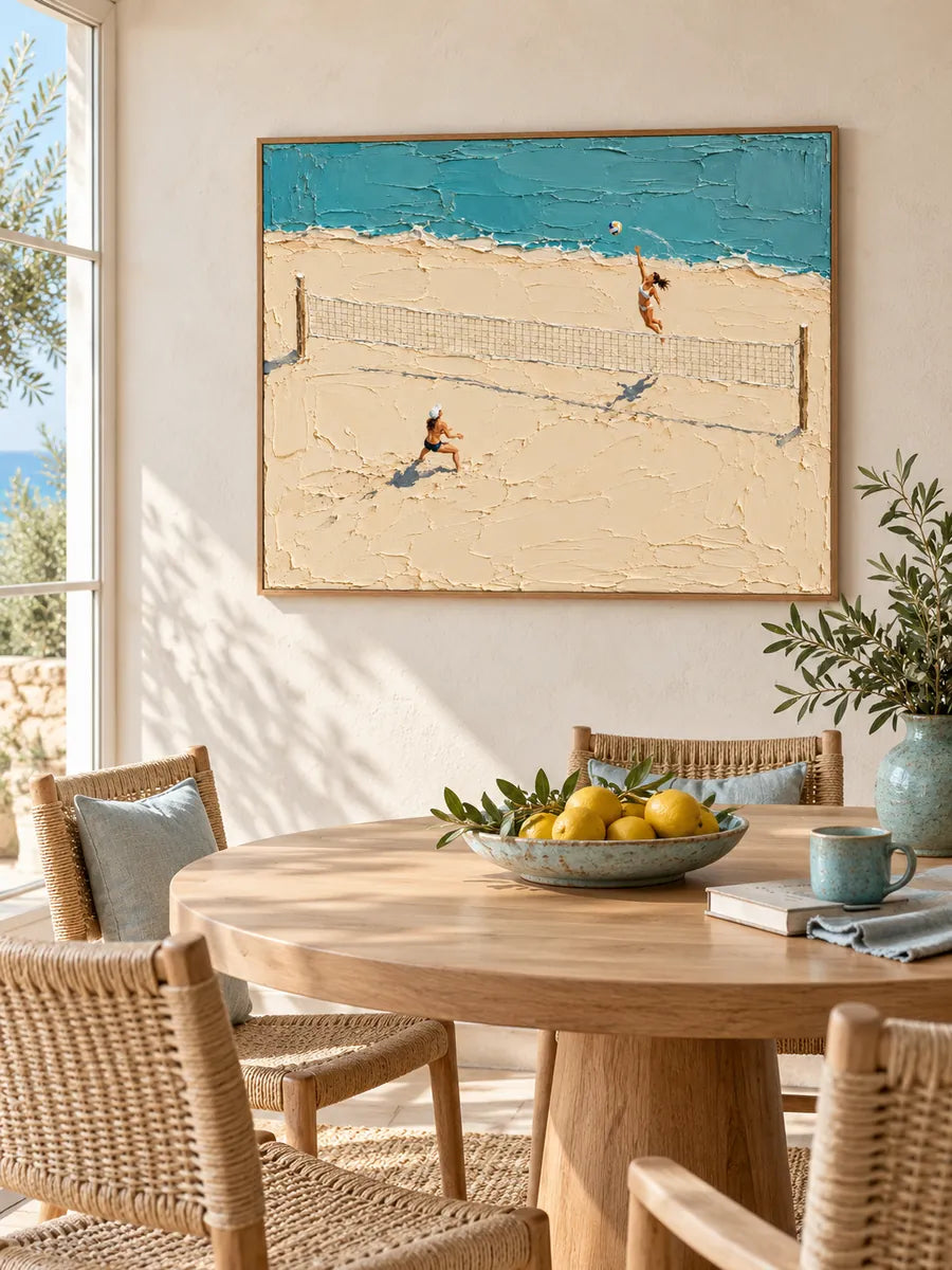 Hand-Painted Beach Volleyball Art With Thick Impasto Texture On Canvas