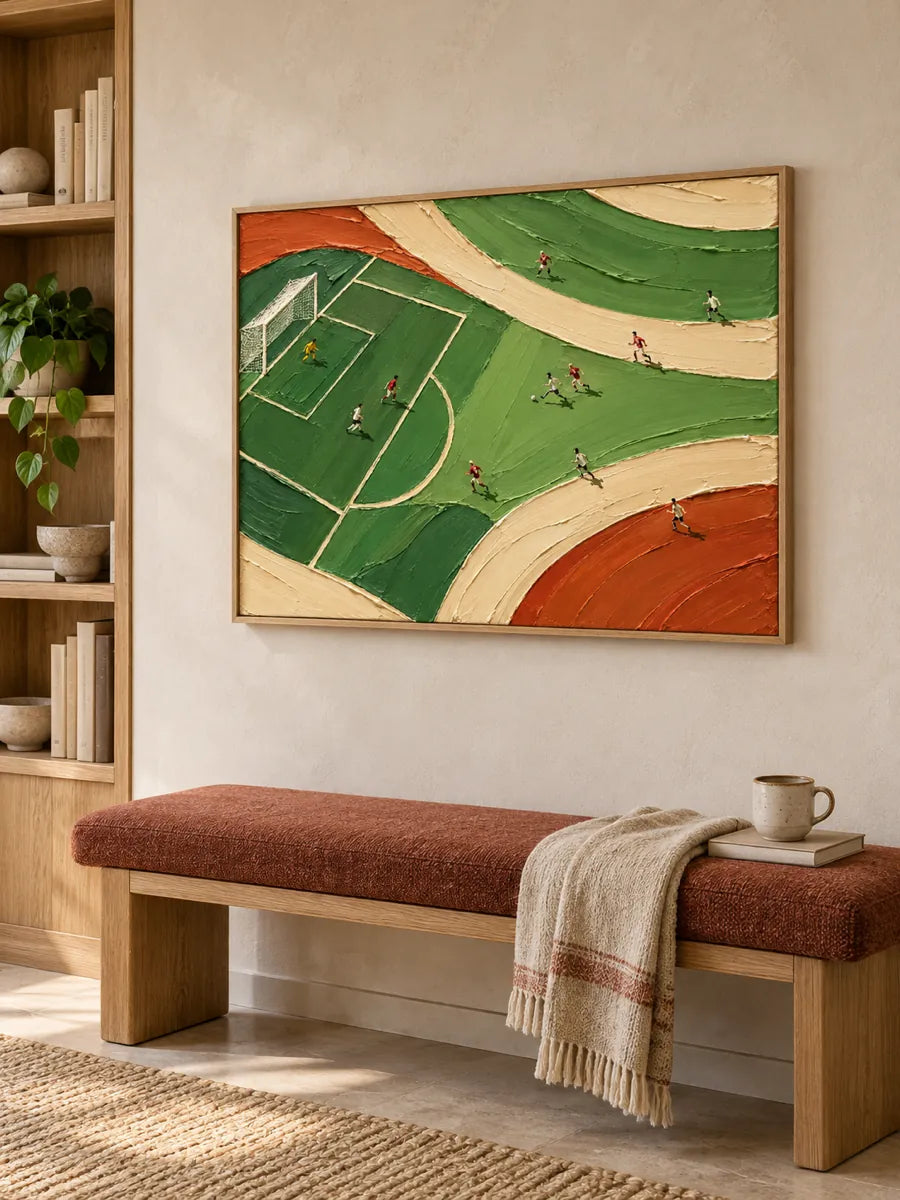 Hand-Painted Football Match Canvas Art With Green And Orange Impasto