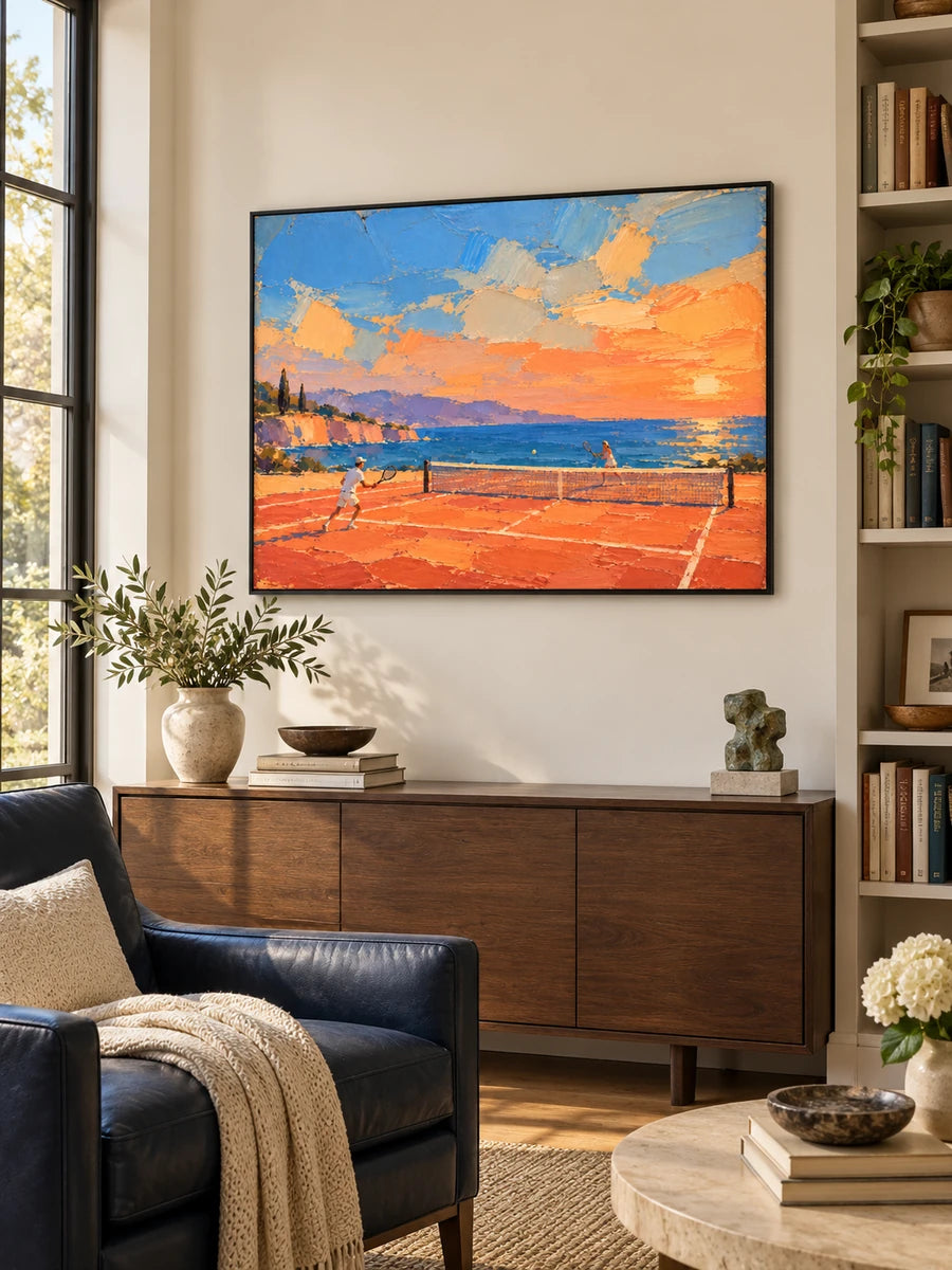 Tennis On Clay Court By The Sea Hand-Painted Canvas Art In Orange And Blue