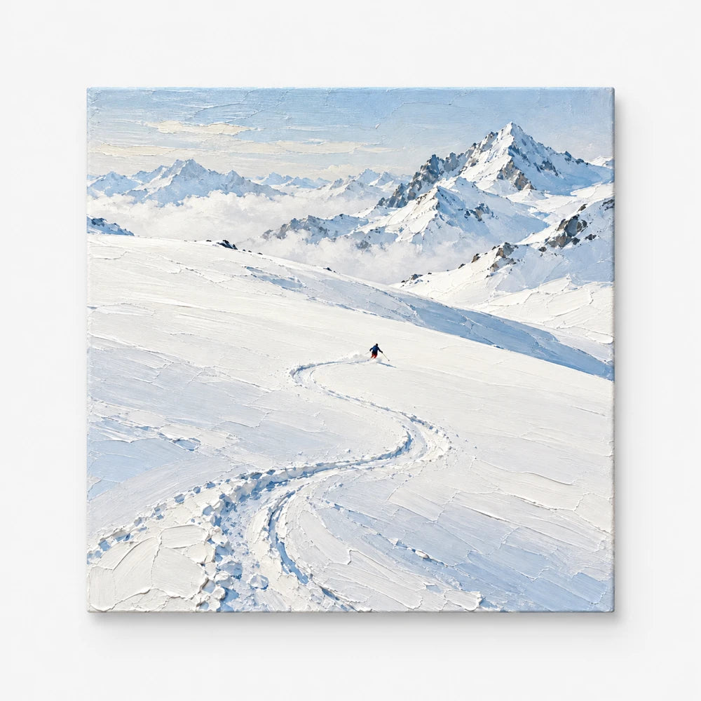Hand-Painted Skiing Art Canvas Painting White Mountain Landscape Original Wall Art